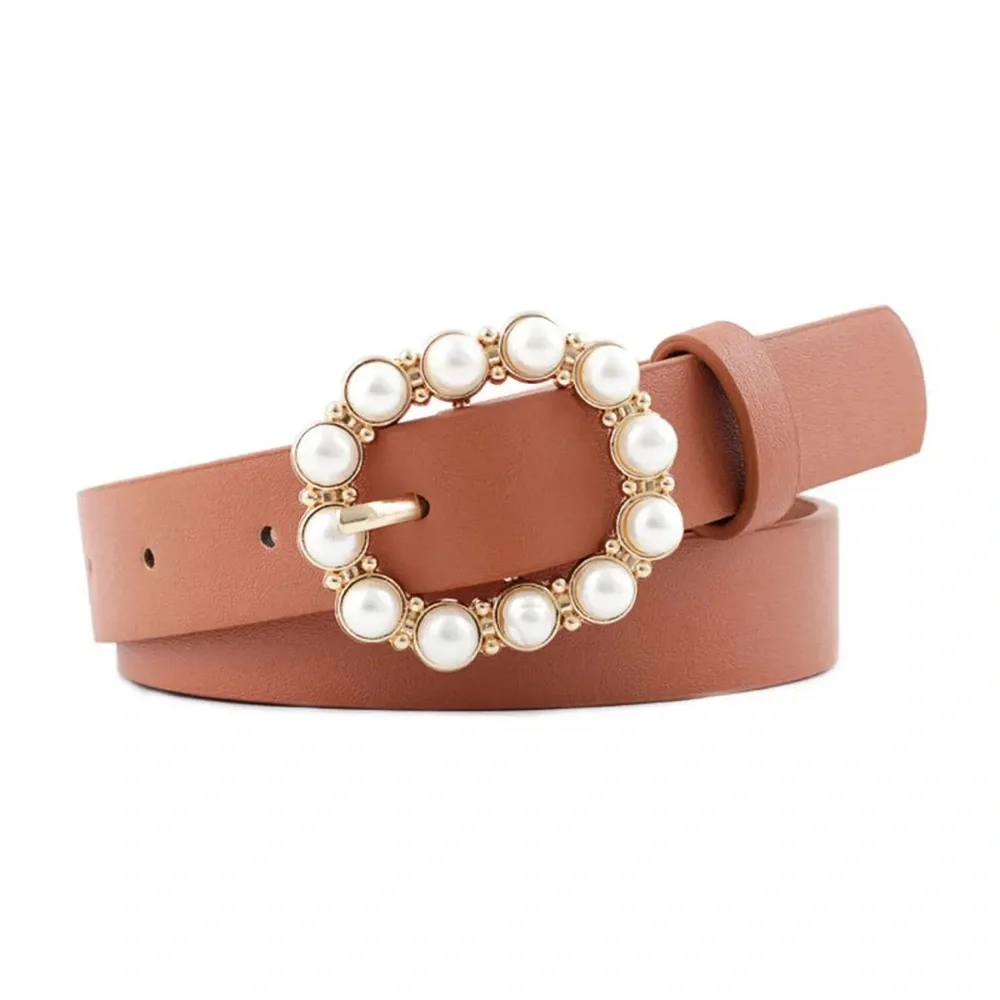Elegant White Faux Leather Belt with Pearl-Embellished Oval Buckle
